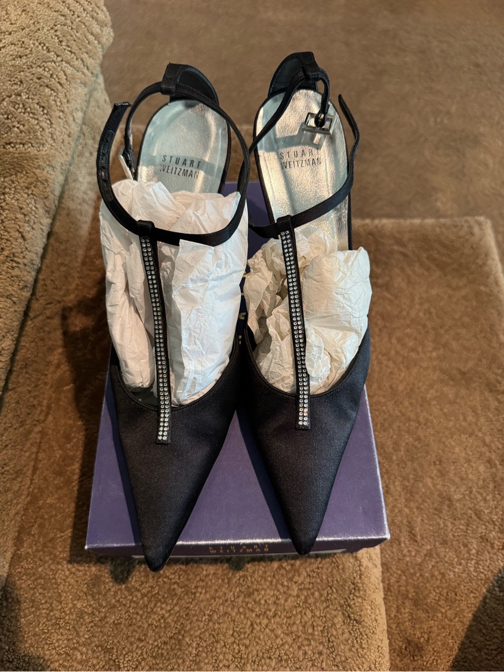 Stuart Weitzman Black Satin Pointed Slingback Heels with Crystal T-Strap